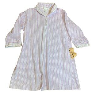 Eileen West Full Zip Cotton Robe Sz L Striped w/ Floral Ribbon Trim #331E